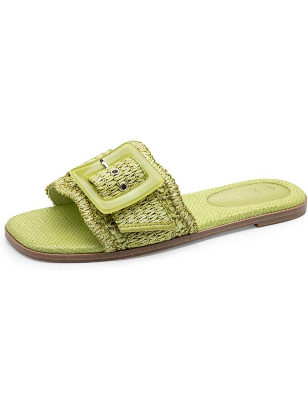 Women's Green Soft Breathable Lining Square Toe Buckle Slide Flat Sandal Shoes